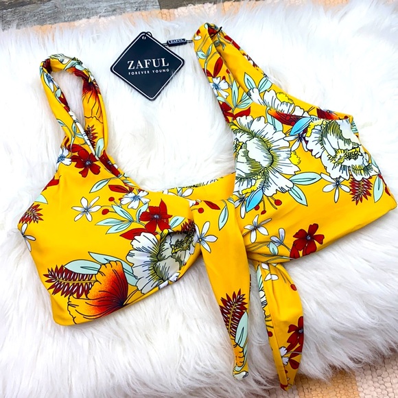 ZAFUL Floral Tie Front Bra Swimwear - Yellow S - Picture 3 of 9